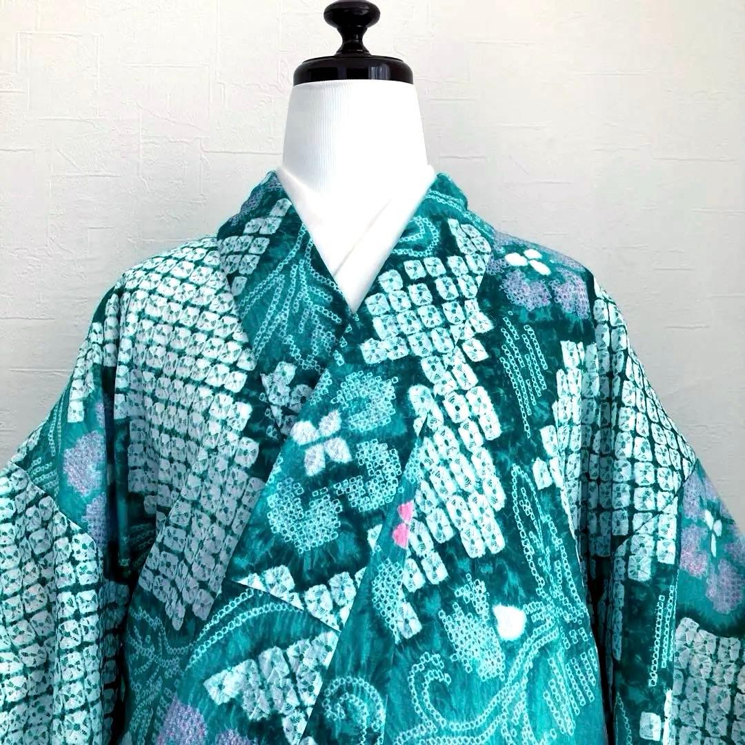 専用なまやつはし様　有松絞り浴衣　蜘蛛絞り　グリーン　花繋ぎ　手縫No.7-12
