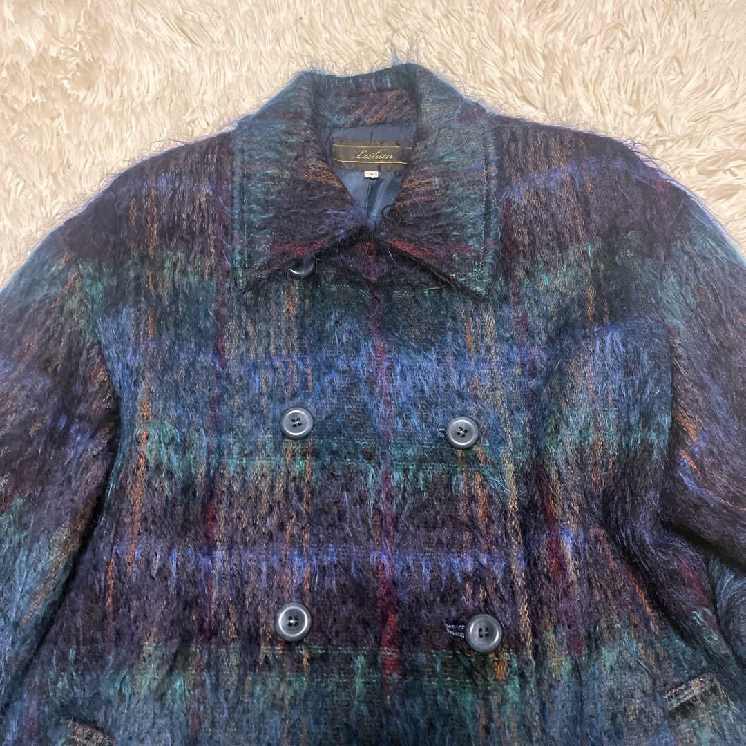 Leilian レリアン モヘヤ シャギーコート チェック ダブル 9号