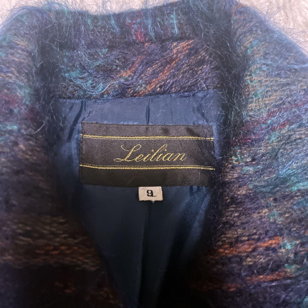 Leilian レリアン モヘヤ シャギーコート チェック ダブル 9号