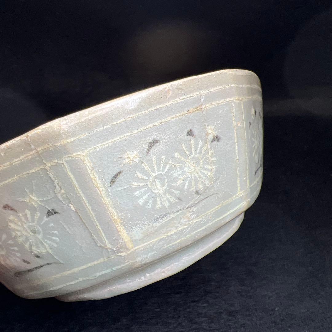 16世紀　高麗青磁　上手白泥象嵌八角鉢4客　幅約11.5㎝東Y7-1224☆2F