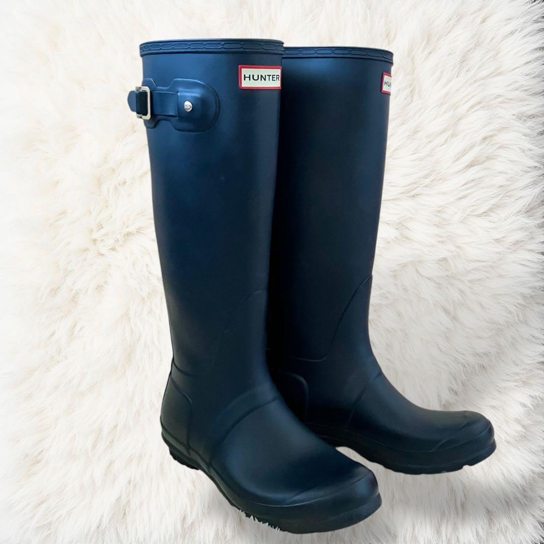 バックル ネイビー ハンター レインブーツ 24.0cm US7 38 ロング