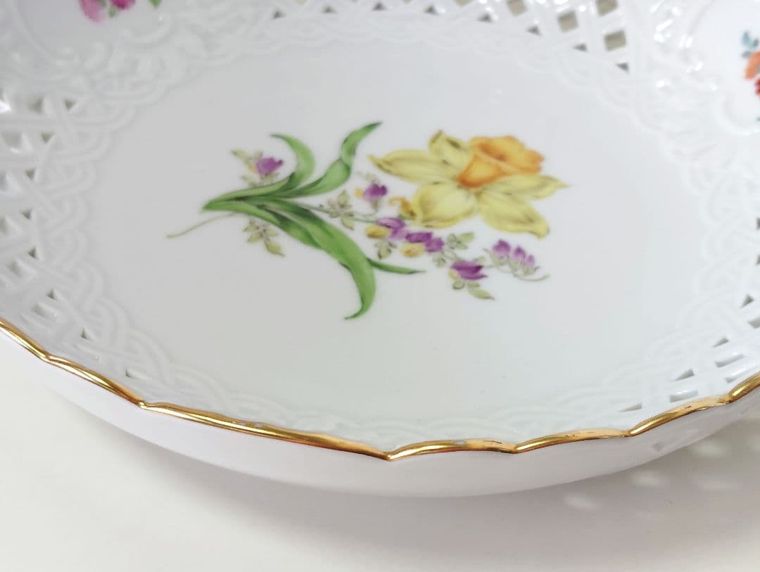 マイセン　2つ花　水仙（スイセン)　透かし皿(深皿)