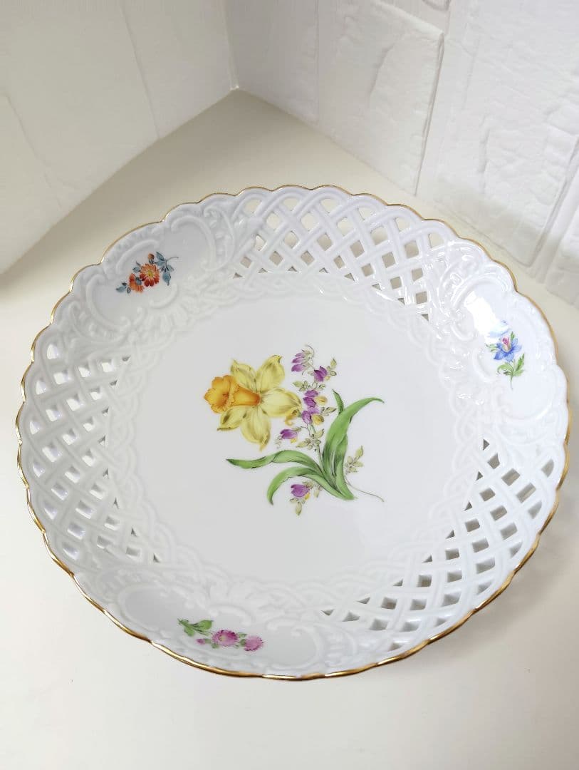 マイセン　2つ花　水仙（スイセン)　透かし皿(深皿)