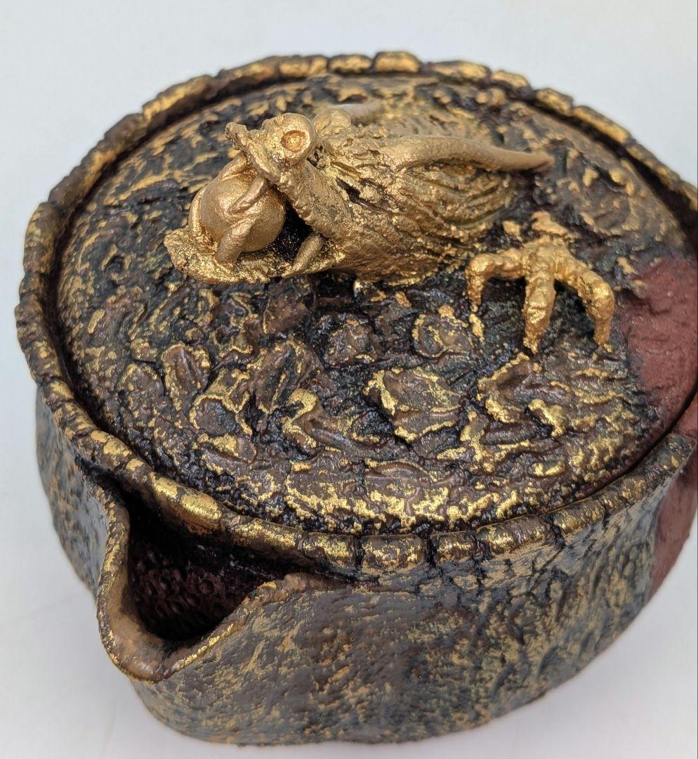 鈴木篤夫 備前焼 金彩備前龍摘宝瓶 四方桟共箱共布栞 手造り宝瓶 煎茶道具 竜