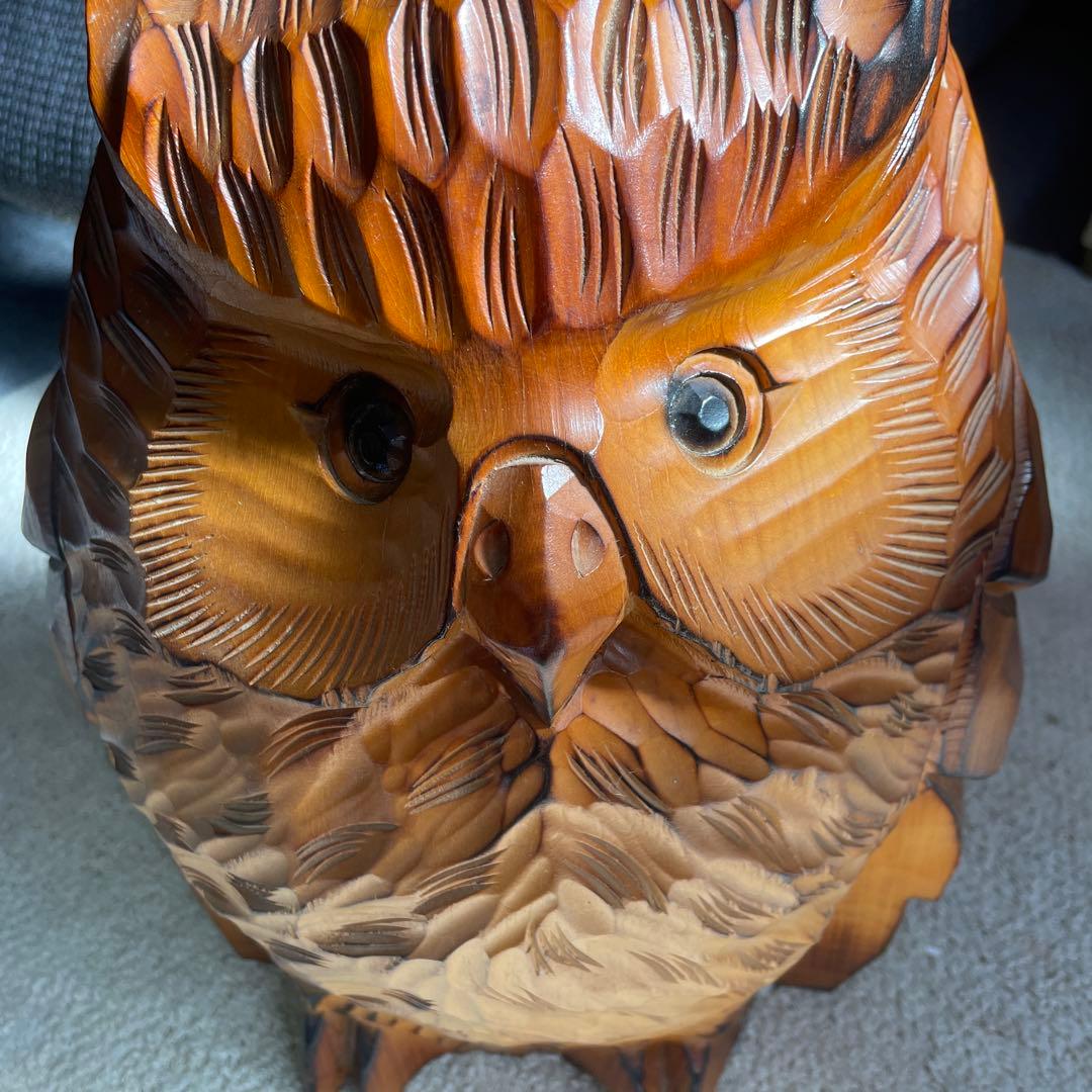 木彫り 名品フクロウ 美品希少 木彫民藝彫刻品。24