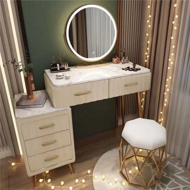 オシャレドレッサー　グリーン　デスク引き出し2杯LEDミラー　椅子　棚4点セット