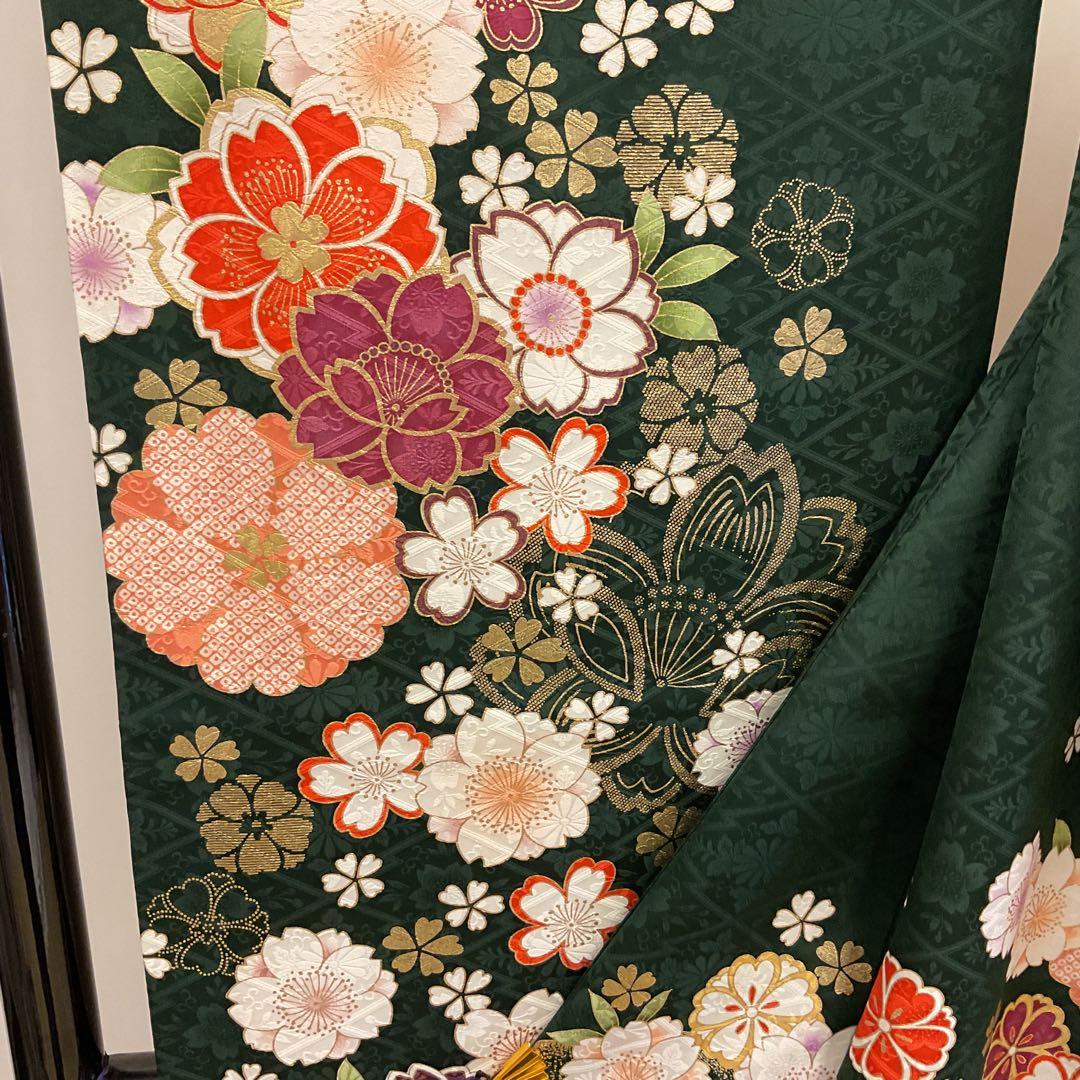 綺麗な地模様入りのグリーン地に桜が可愛い振り袖フルセット➕着付け用小物