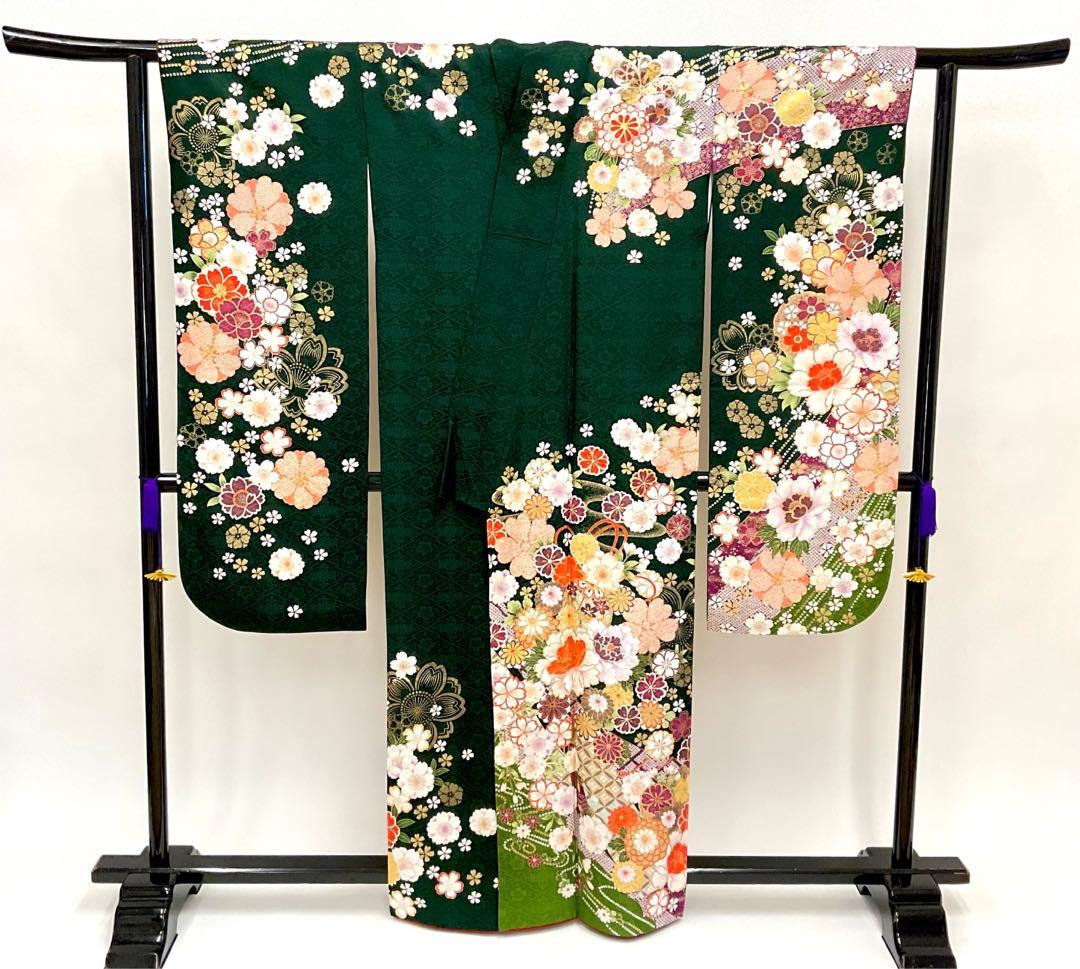 綺麗な地模様入りのグリーン地に桜が可愛い振り袖フルセット➕着付け用小物