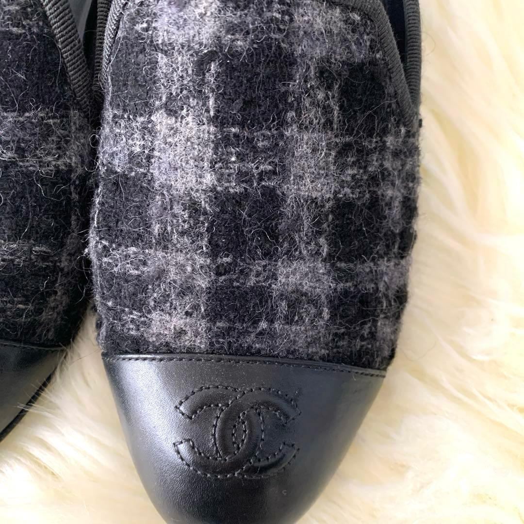 CHANEL チェック柄ツウィードパンプスフラットシューズ351/2 22.5