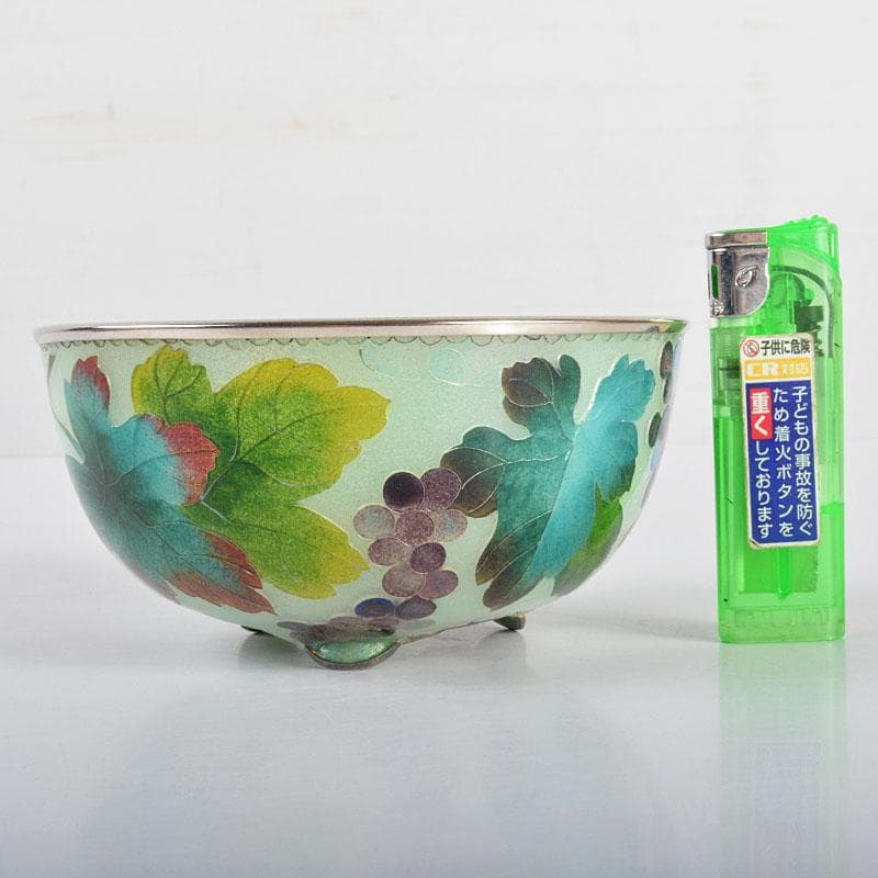 工芸ガラス　銅覆輪　葡萄文　鉢　唐木台付　時代箱付　H　R4332