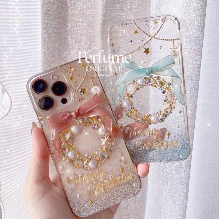 イニシャル&名入れ♡リボン✨水色 パール ツリー⭐︎キラキラ iPhoneケース