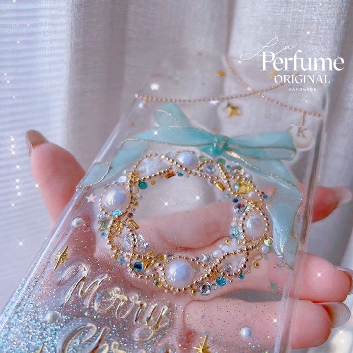 イニシャル&名入れ♡リボン✨水色 パール ツリー⭐︎キラキラ iPhoneケース