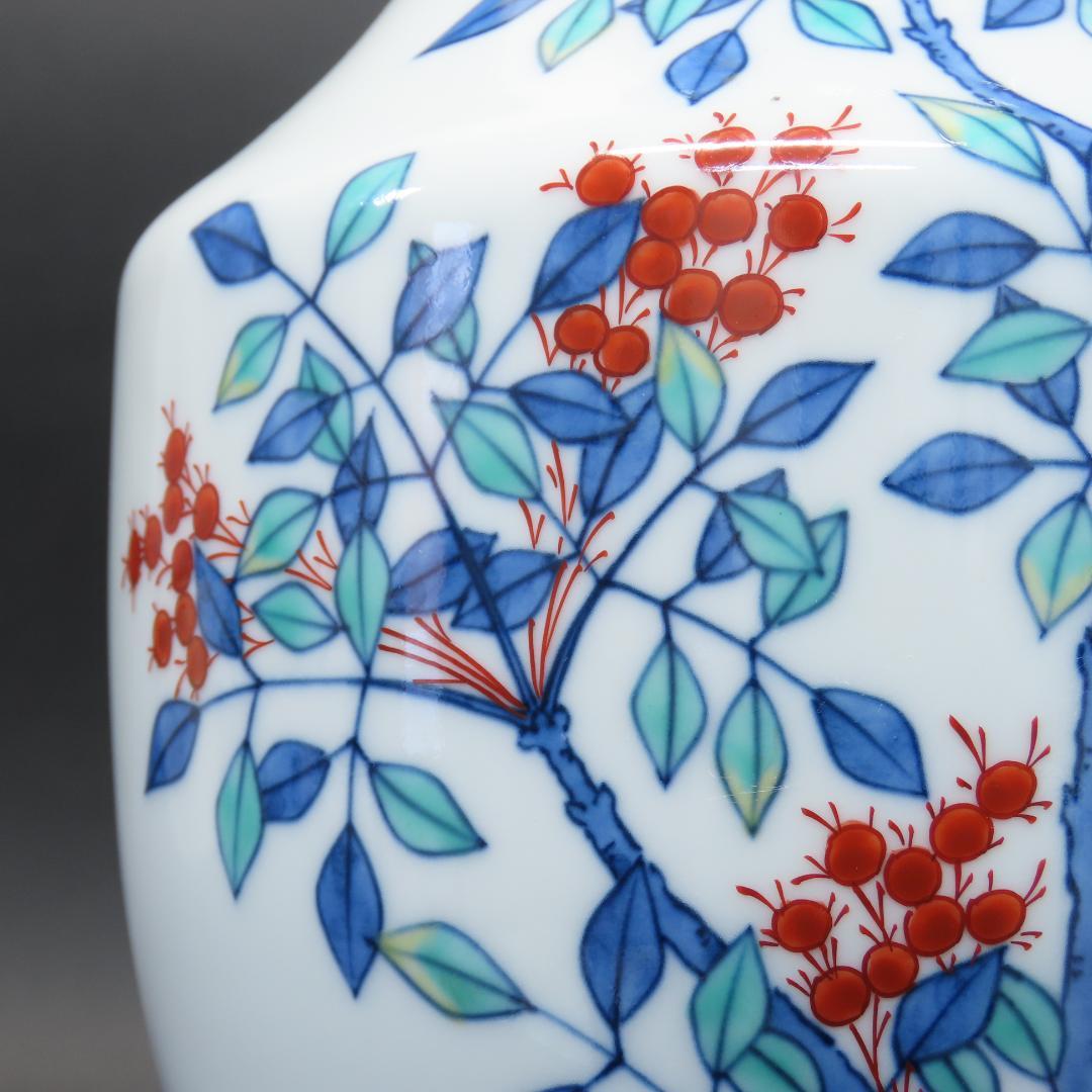 ⭕407 今泉今右衛門 錦南天絵花瓶 高21cm/色鍋島 人間国宝 有田焼