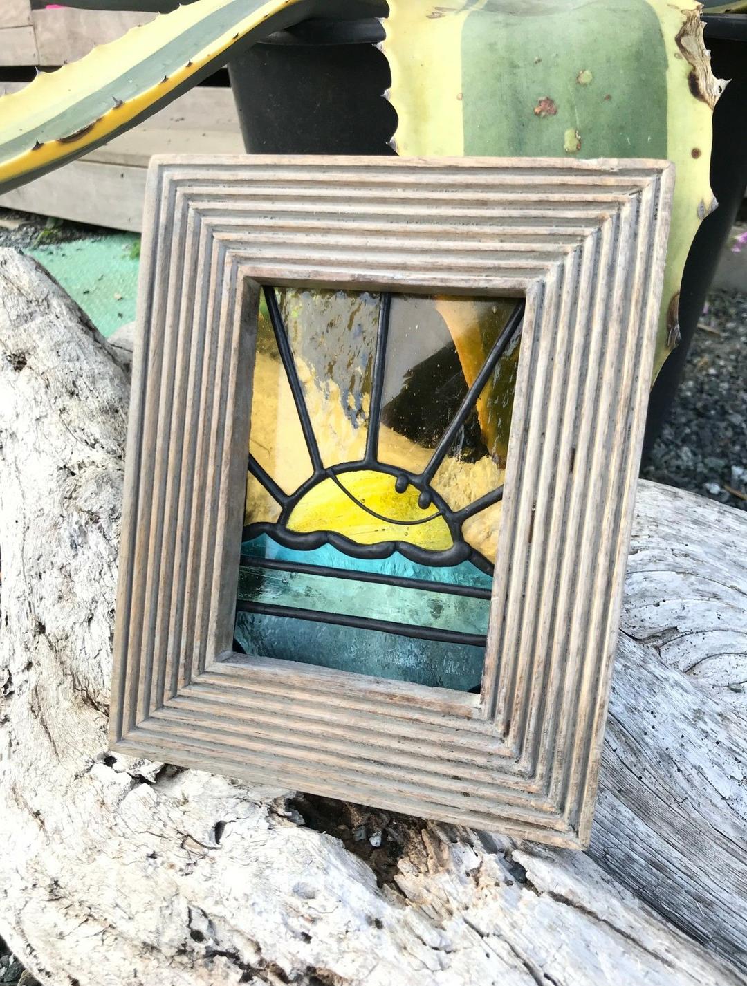 ステンドグラス　スマイル　ウェーブ　天然木　額