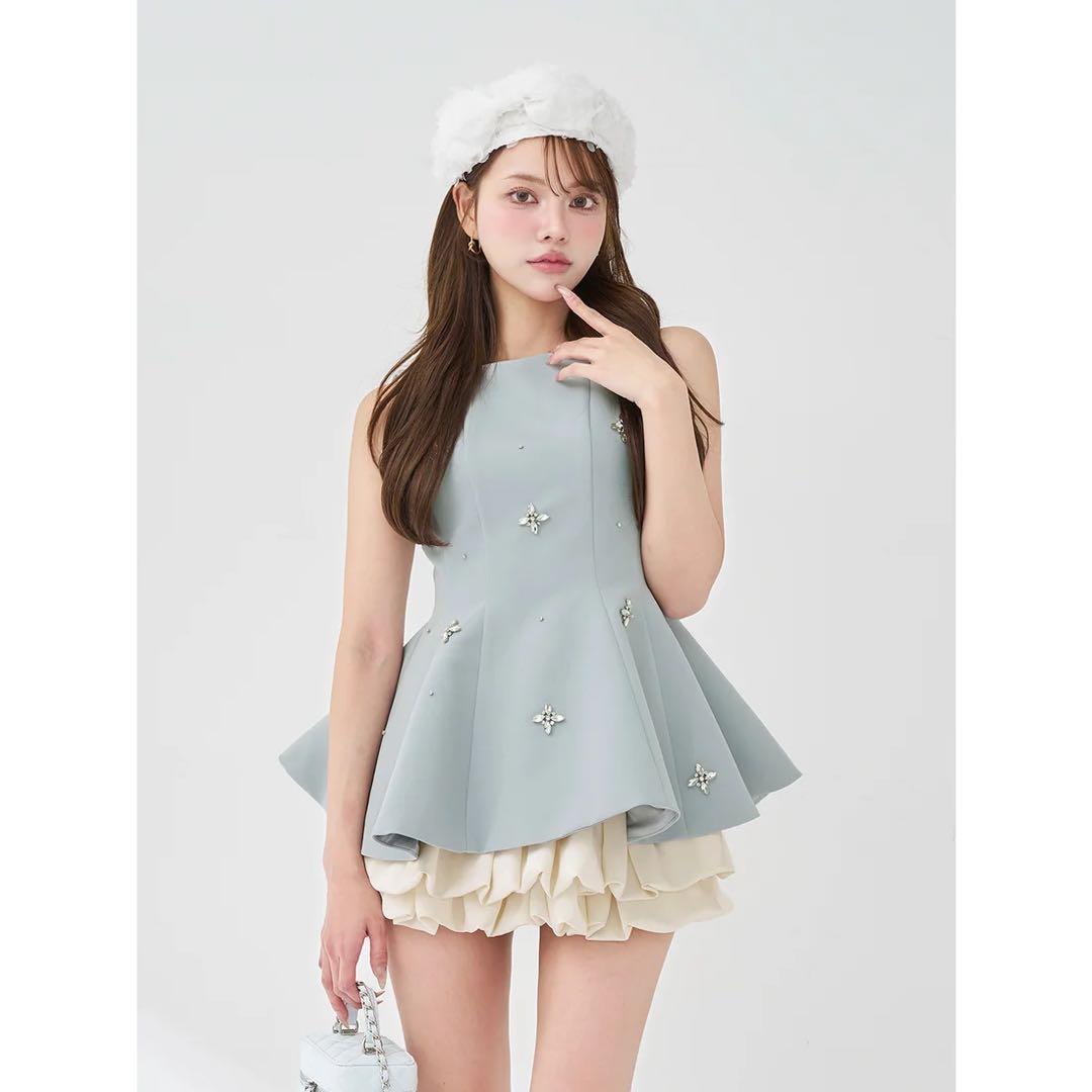 新品タグ付き ダーリッチ ビジューフレアバルーンミニドレス サックス フリー