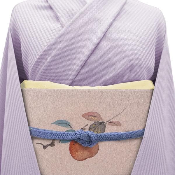 名古屋帯 九寸 手描き ちりめん 縮緬 くすみピンク 柿 絹 中古 kp2272