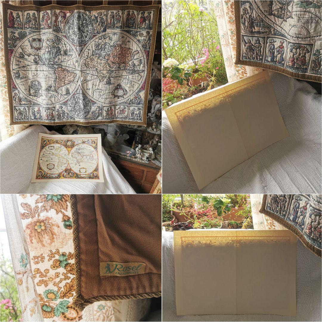 アンティークドイツ ローゼル 世界航海地図手刺繍キルト タペストリ 印刷地図絵付