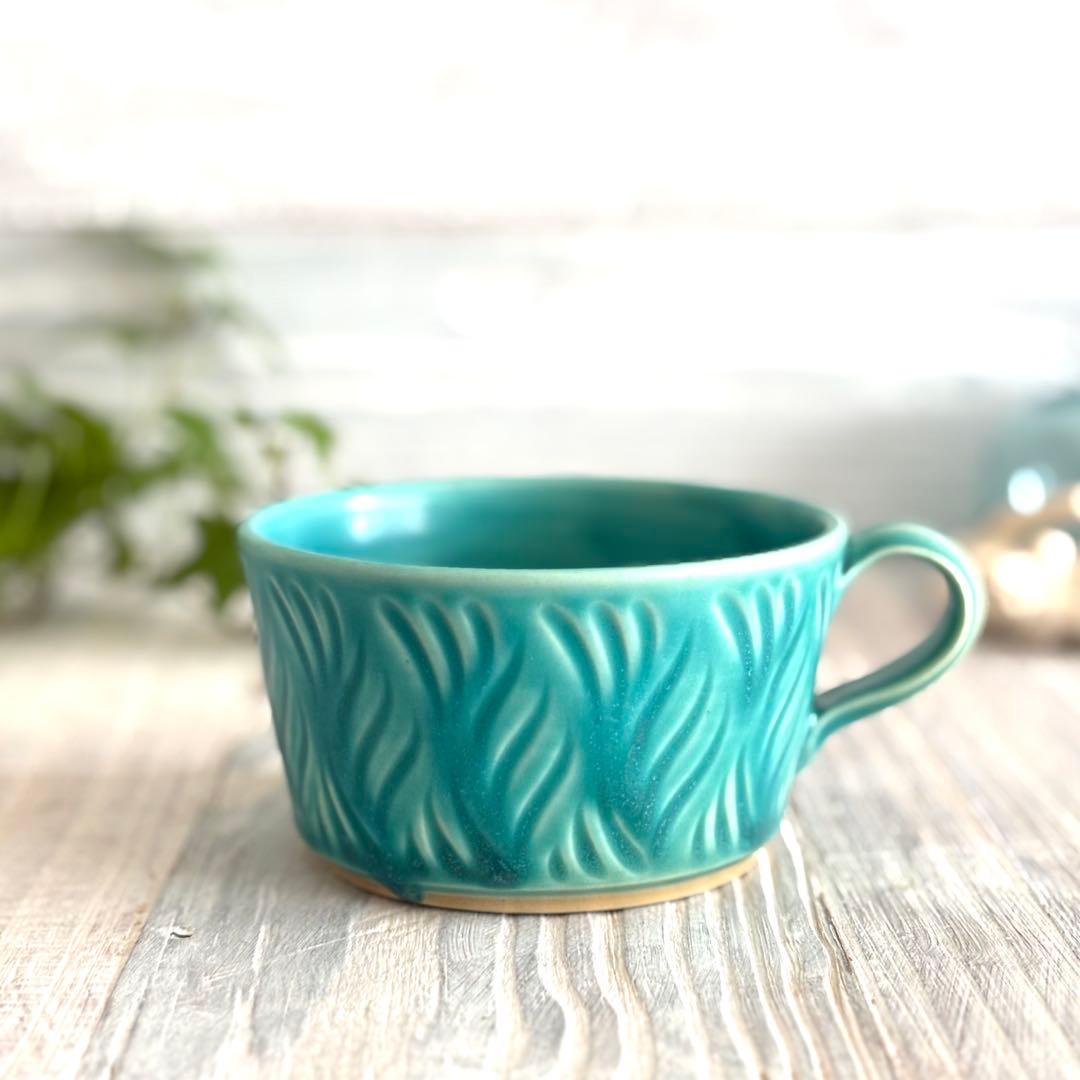 しのぎスープカップ スープボウル ターコイズ 2個セット 益子焼