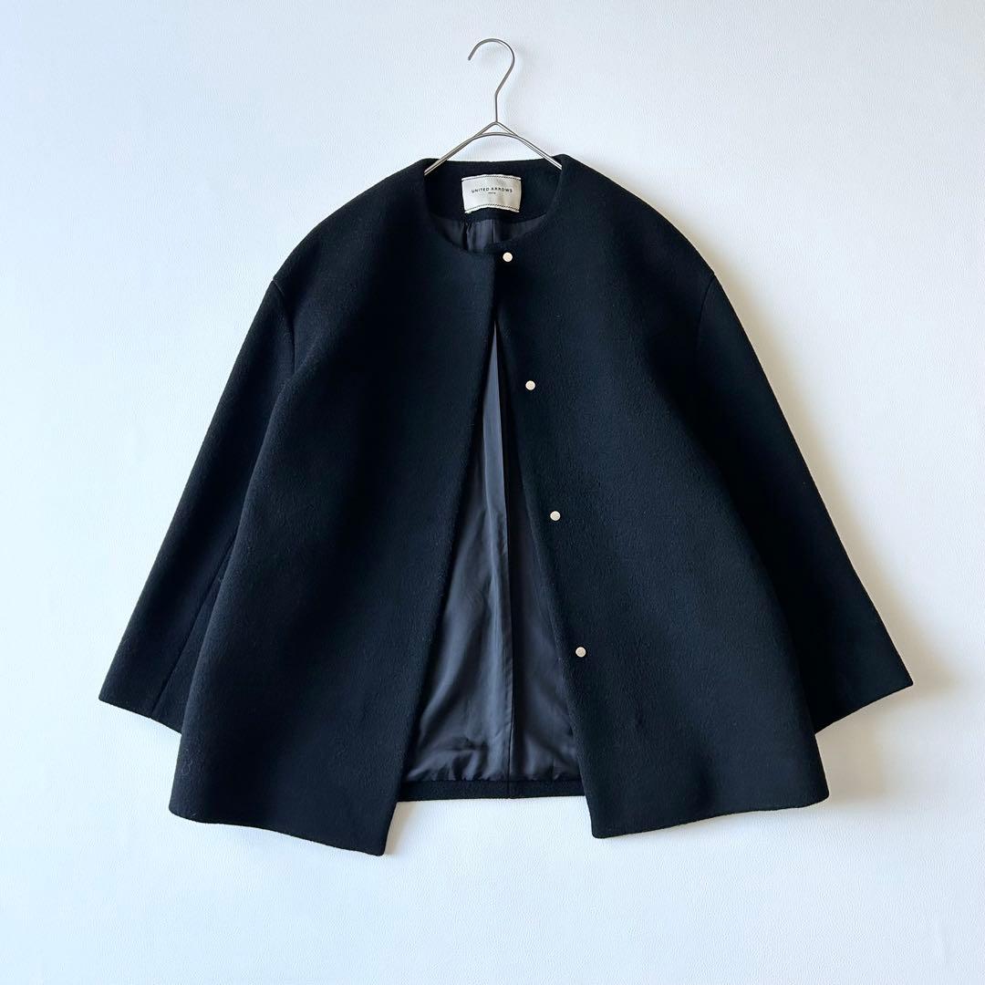 3070y美品 ユナイテッドアローズ ノーカラーカシミヤショートコート 黒 S