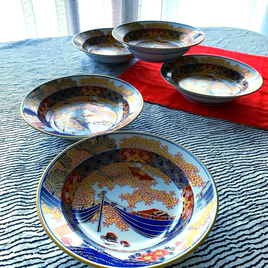 有田焼　伝統工芸士　緒方松右衛門作　金彩深皿5客未使用美品16×3.8大幅値下げ