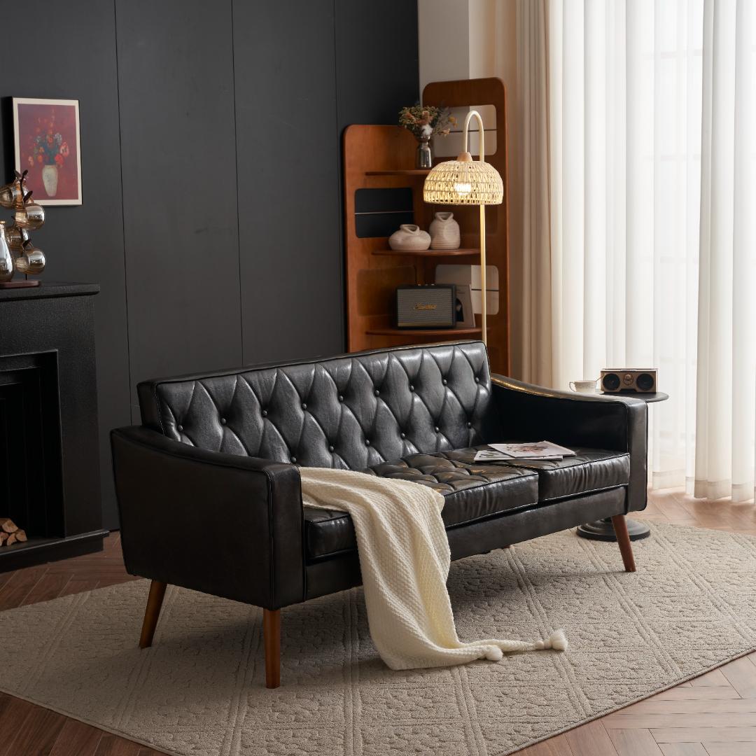 人気再入荷！ソファー 3人掛カウチソファリビングソファ 肘付オットマン ブラック