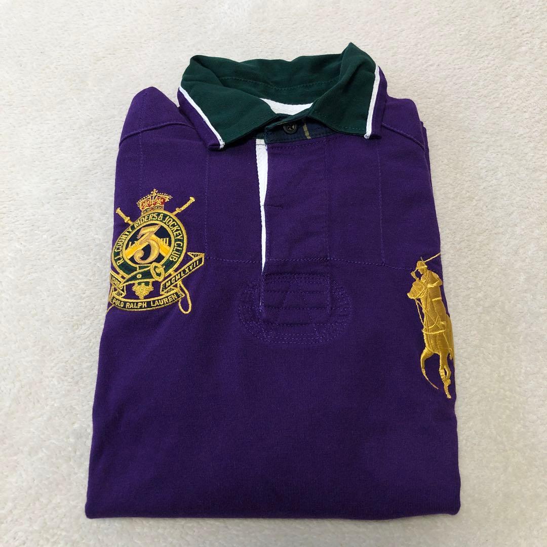 タグ付　ラルフローレン　長袖ラガーシャツ　ビッグポニー刺繍ロゴ　パープル　90s