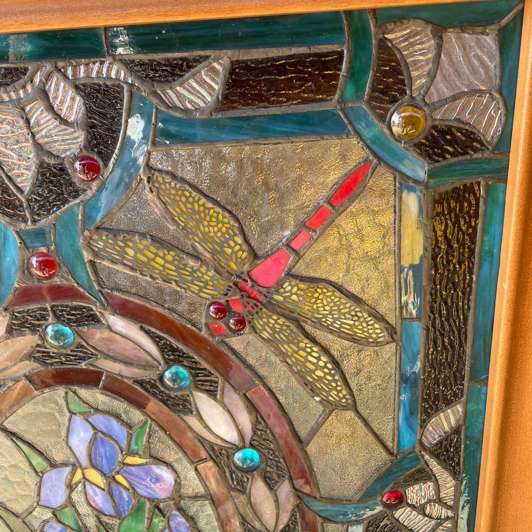 ハ*8様 ステンドグラス パネル 花とトンボ 約72×57cm 壁掛け オブジェ