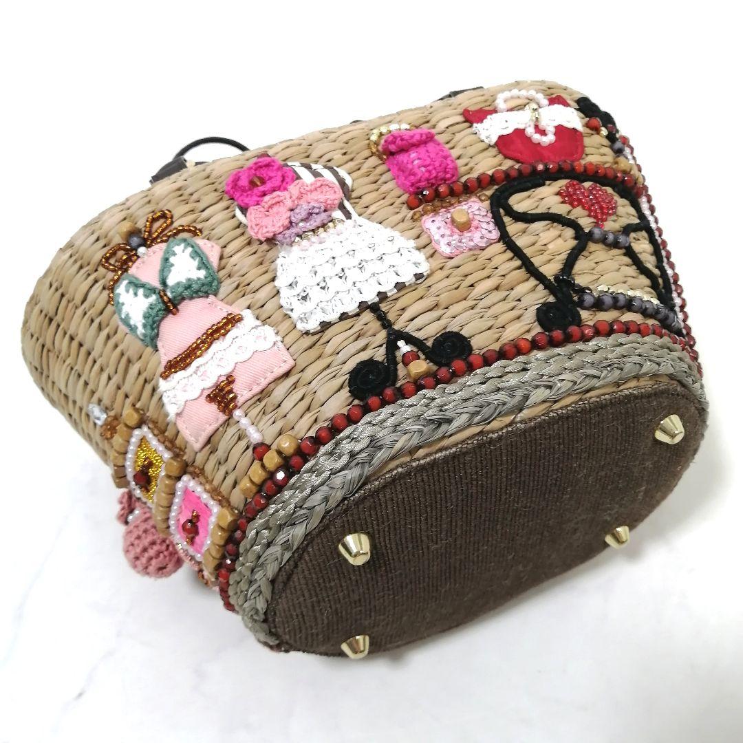 極美品✨ アルファジル　かごバッグ　ビーズ　ハンドバッグ　巾着　茶