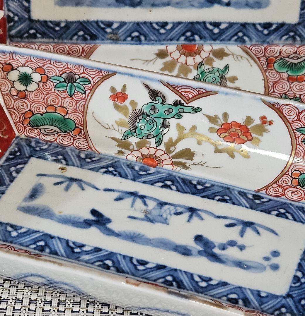 江戸時代末期　古伊万里　錦手　松竹梅に 獅子に菖蒲に鷺図　19.5cm長皿2客③