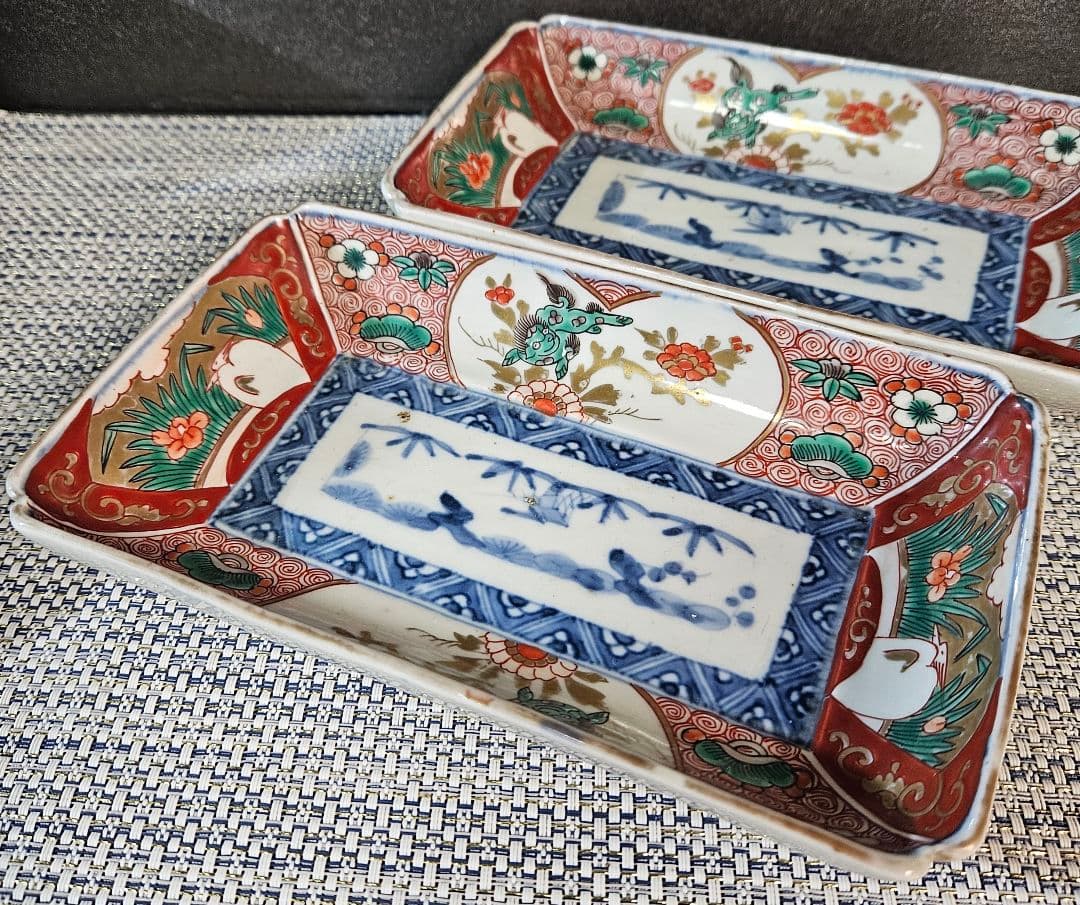 江戸時代末期　古伊万里　錦手　松竹梅に 獅子に菖蒲に鷺図　19.5cm長皿2客③