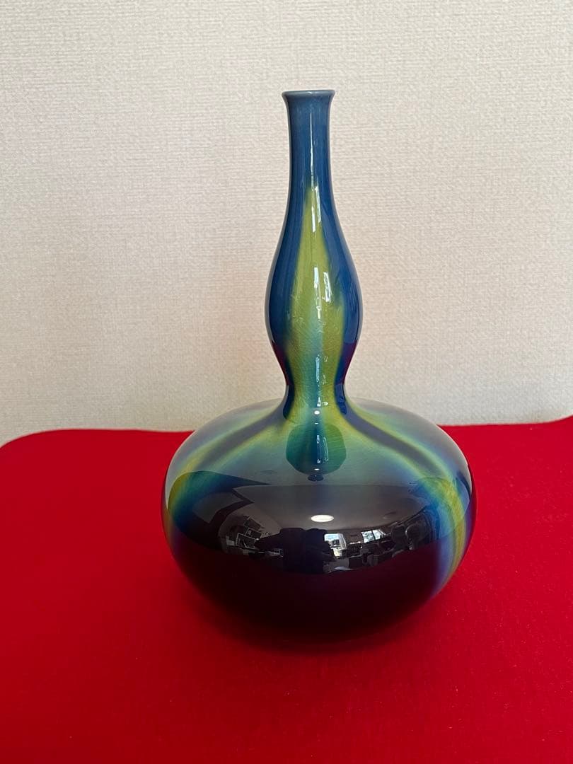 三代 人間国宝 徳田八十吉（正彦銘）碧明釉 瓢型 花生 約24㎝ T288