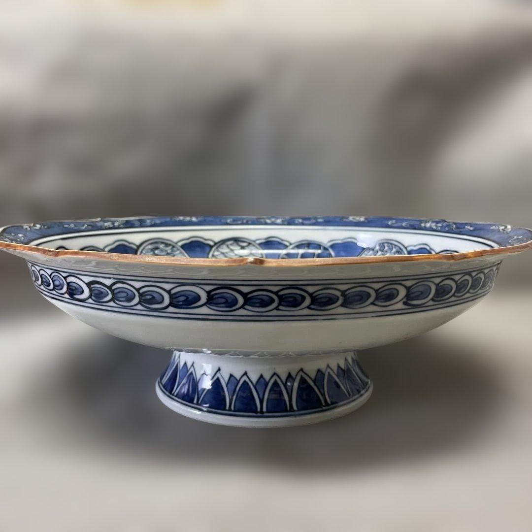 有田焼　染付　桔梗縁十寸鉢　平戸松山窯　30センチ　大皿　盛り鉢　台座付き　脚付