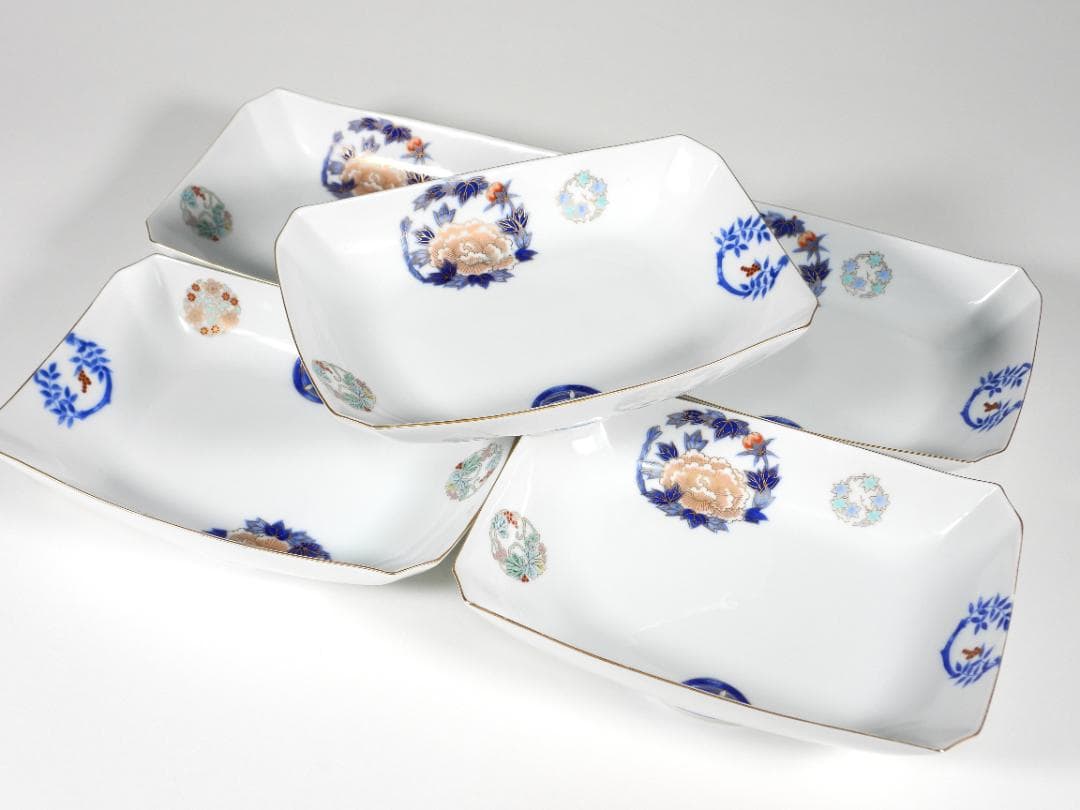 深川製磁 染錦花丸紋 長角皿　刺身皿5枚