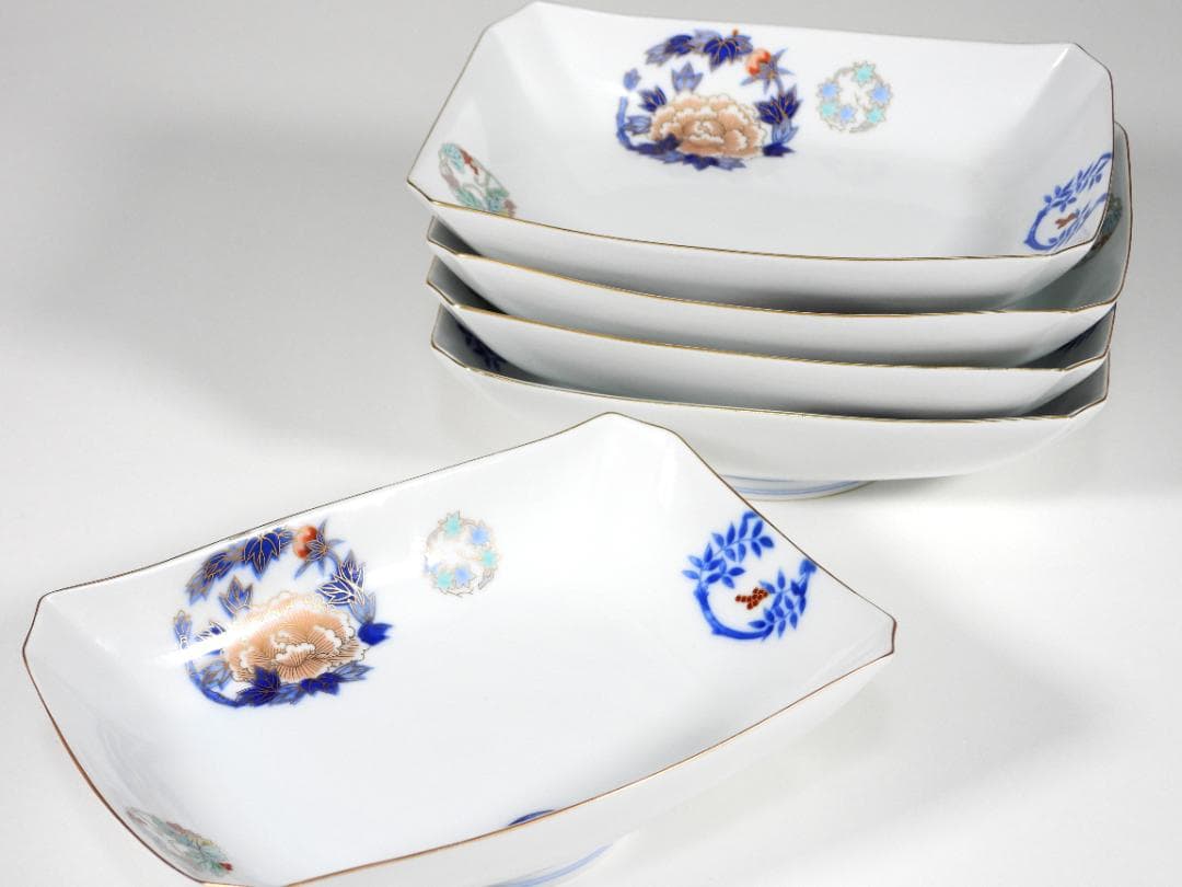 深川製磁 染錦花丸紋 長角皿　刺身皿5枚