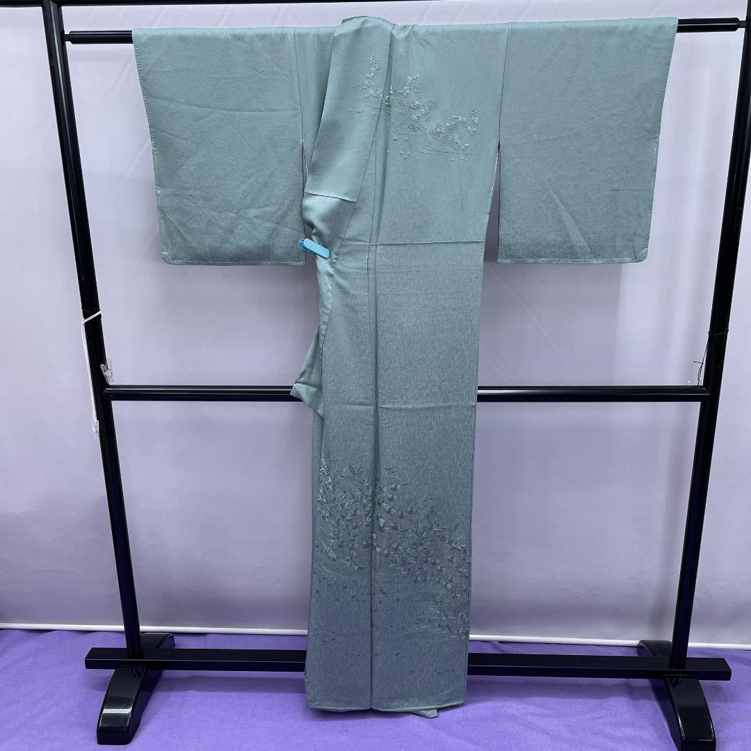 ★4074★ 訪問着 灰緑色 刺繍柄 袷 紋入り