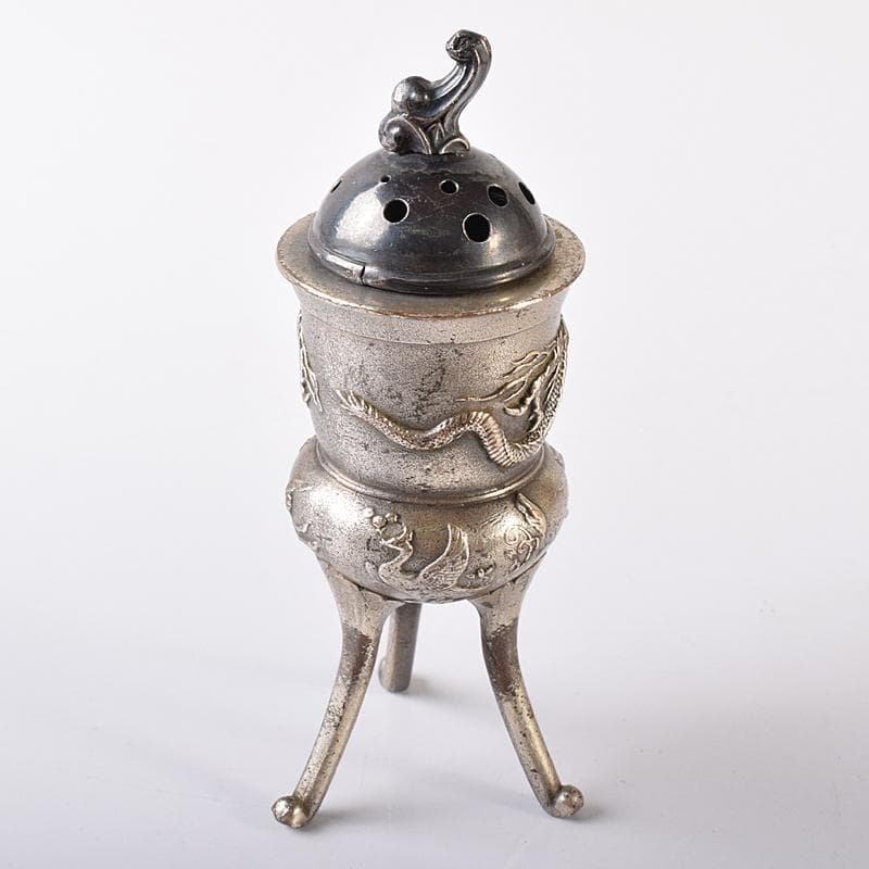 中国　白銅　龍神獣刻　純銀火屋約18g付　三つ足香炉　U　R8073