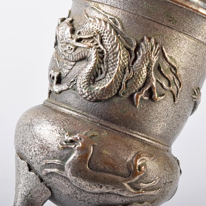 中国　白銅　龍神獣刻　純銀火屋約18g付　三つ足香炉　U　R8073