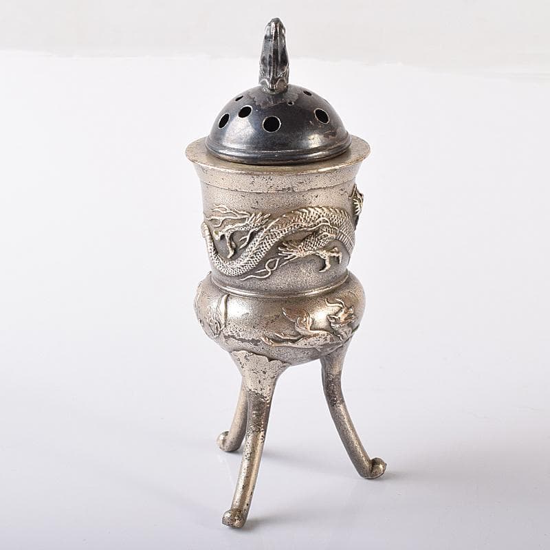 中国　白銅　龍神獣刻　純銀火屋約18g付　三つ足香炉　U　R8073