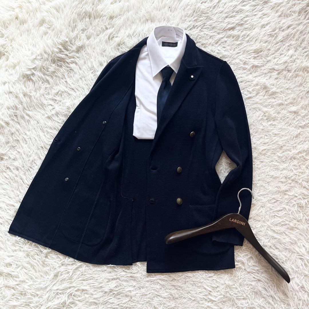 <美品>LARDINI ネイビー 金ボタン ウール ニットジャケット サイズS