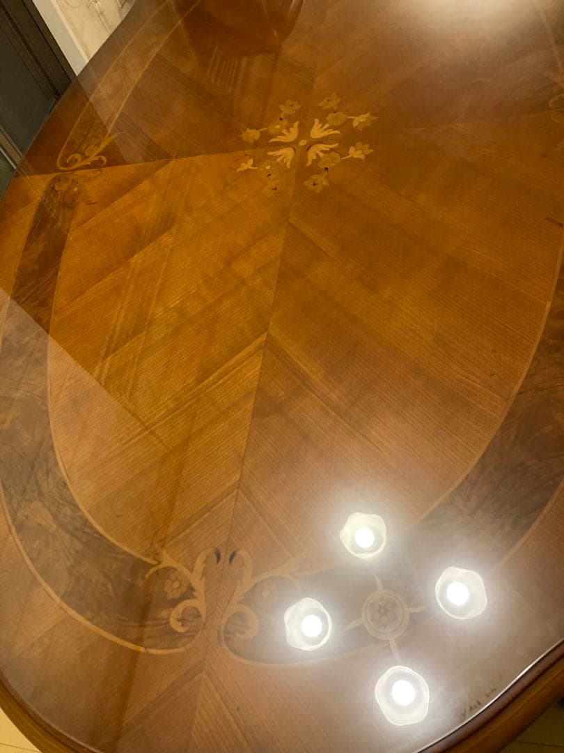 ★イタリア　アンティーク　象嵌　ダイニングテーブル　カットガラス付き