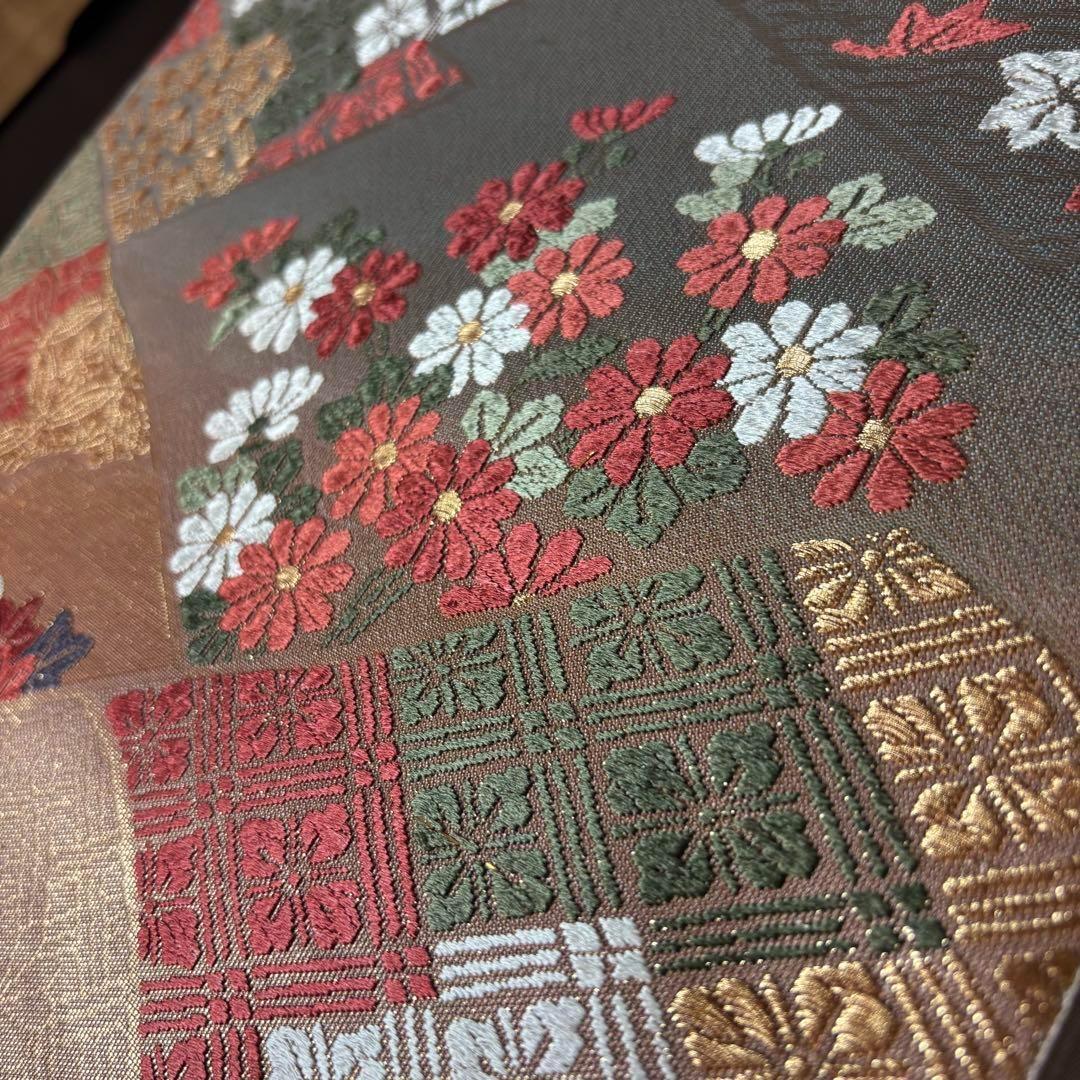 YU-034 袋帯 西陣織 藤 菊 楓 六通 正絹 名品 高級