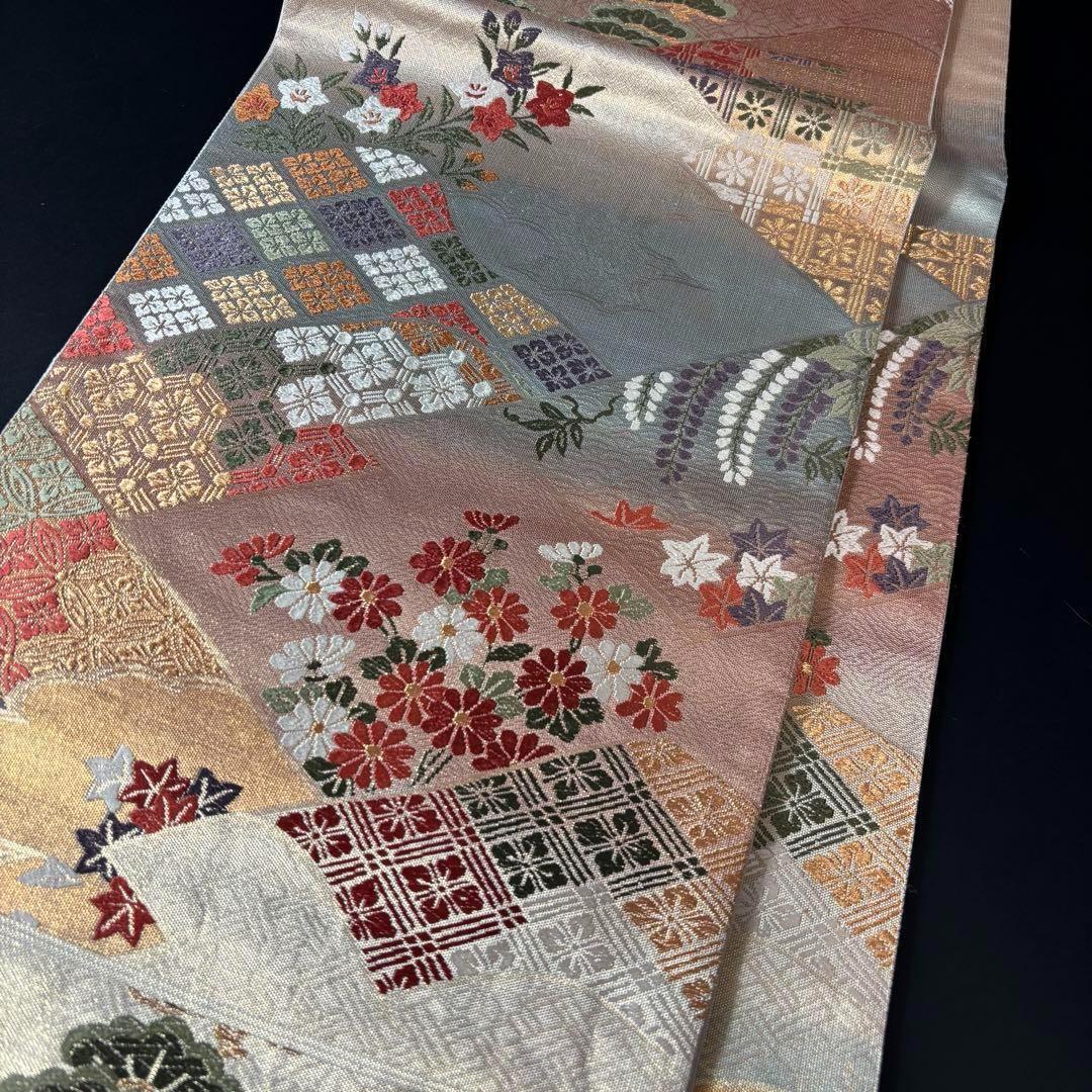 YU-034 袋帯 西陣織 藤 菊 楓 六通 正絹 名品 高級