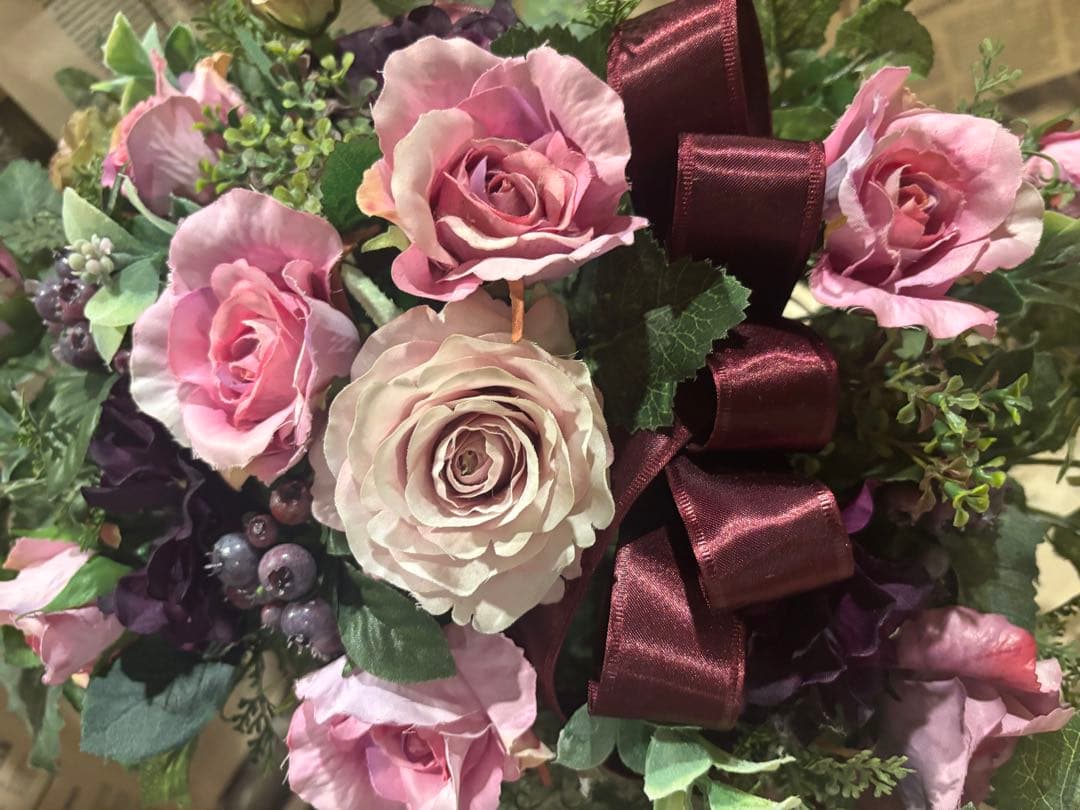 1点モノ☆薔薇と秋色紫陽花のホリゾンタルアレンジ