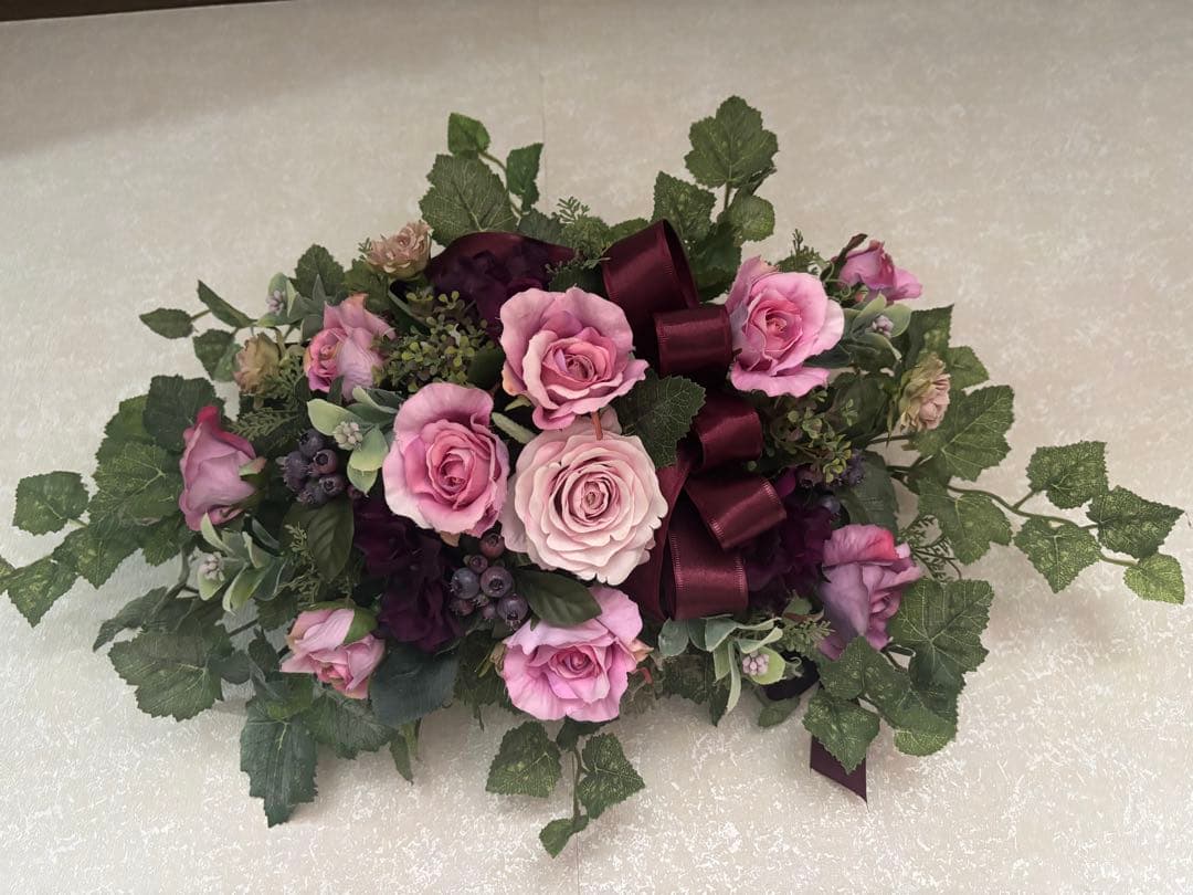 1点モノ☆薔薇と秋色紫陽花のホリゾンタルアレンジ