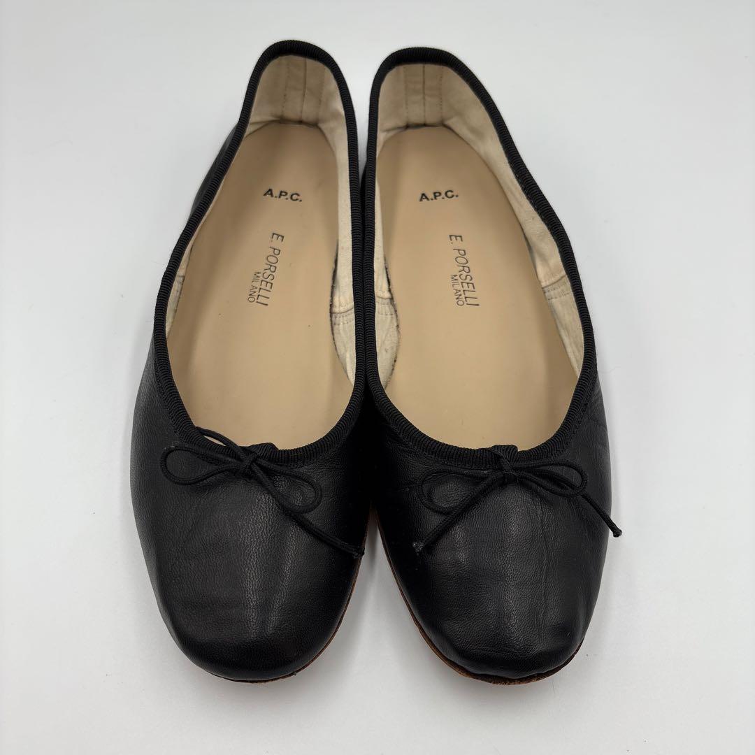 美品✨ポルセリ　ブラック　レザー　バレエシューズ　フラットシューズ　人気　定番