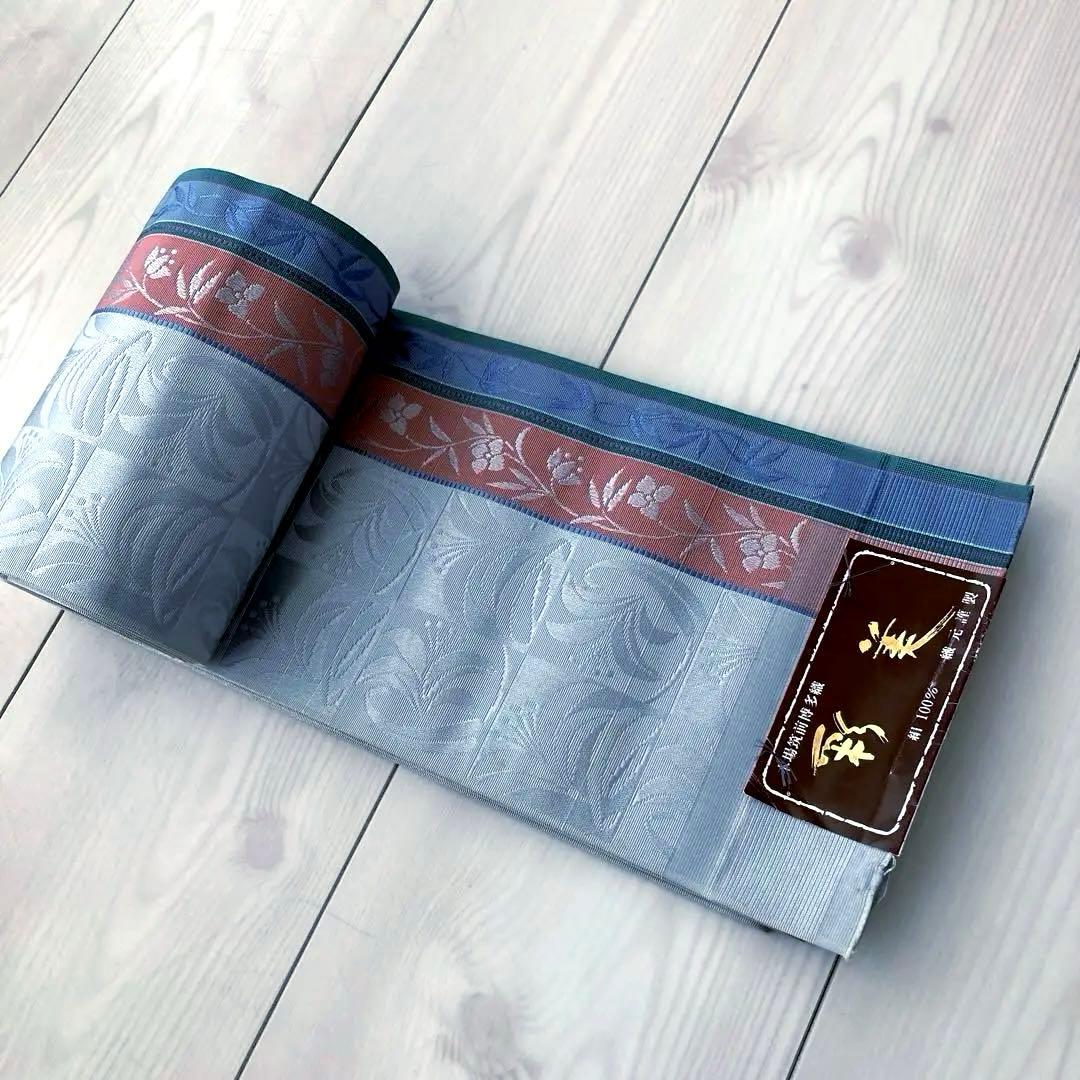 本場筑前博多織　半幅帯　タグ付　花唐草模様　ブルーグレー　No.3-22