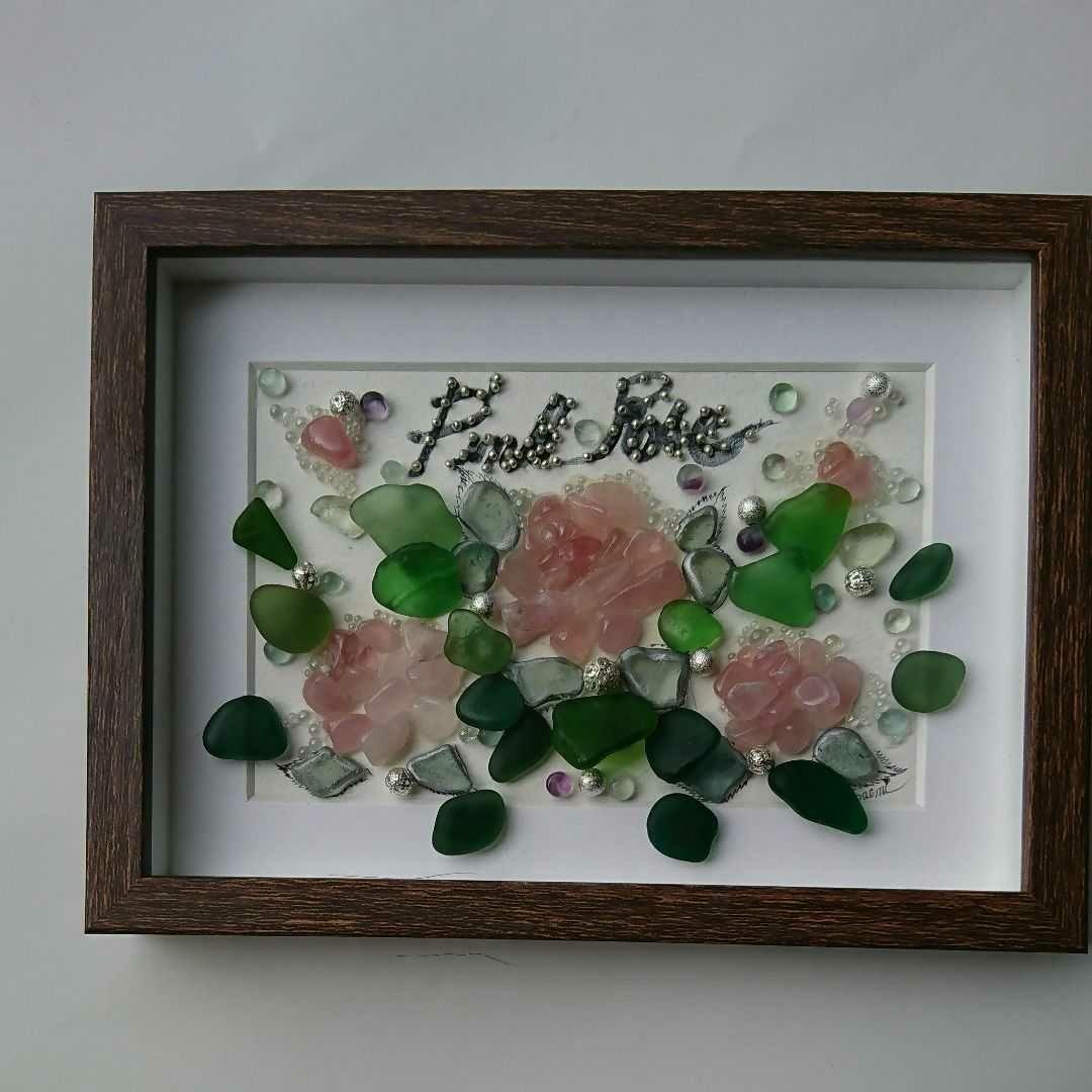 シーグラスアート<ピンクローズ>レア 置物 一点もの 薔薇 天然石 愛の誓い