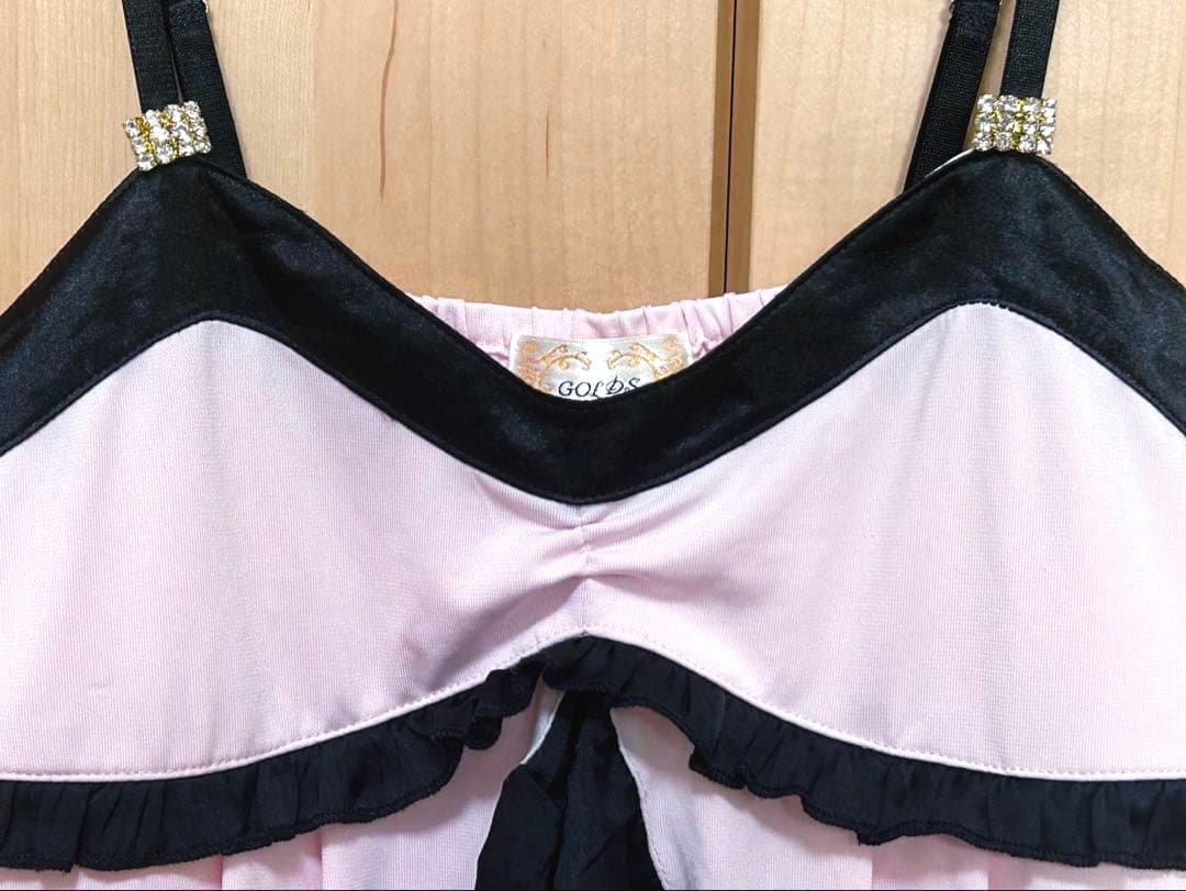 GOLDS♡肩紐ビジュー付き♡サテン×シフォン♡ラッフルフリルキャミトップスPK