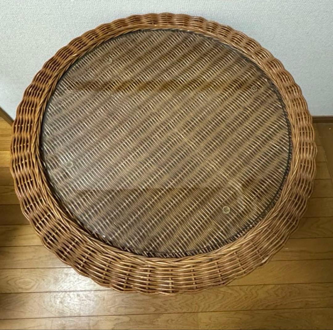 ラタンテーブル 円形 ガラス天板 籐家具