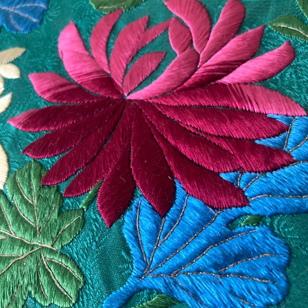 Okuta アンティーク名古屋帯　ターコイズ 刺繍の正絹　洒落帯　N25